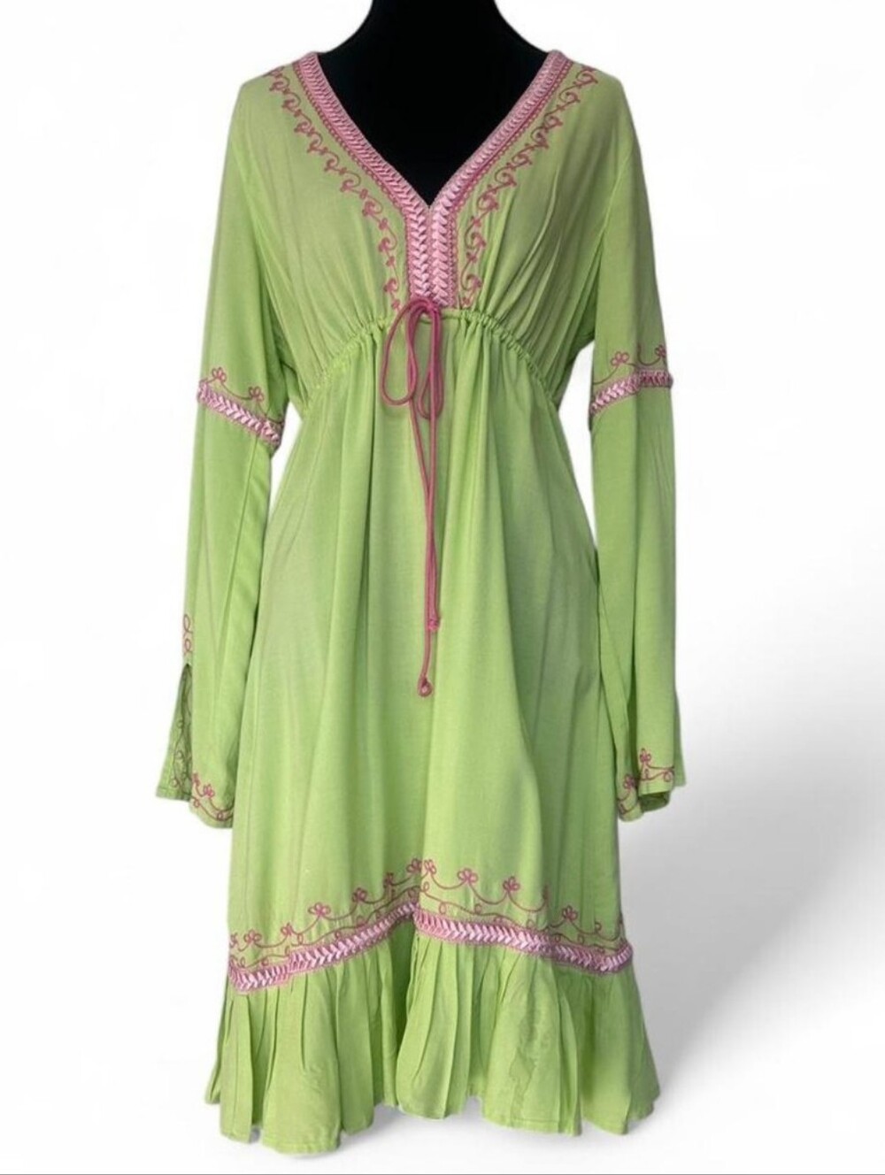 Y2K Moda International Lime Green & Pink Boho Embroidered Sun Dress S